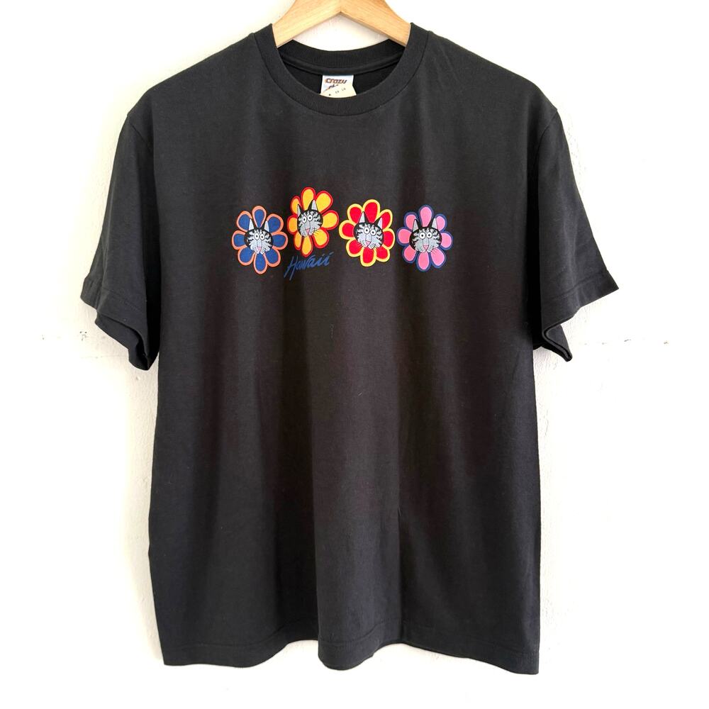 Vintage Crazy Shirts Hawaii Shirt B‎ Kliban Flowers Black T Shirt Size Large NEW